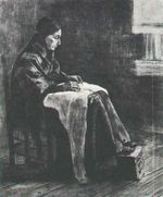 Женщина в платке за шитьем